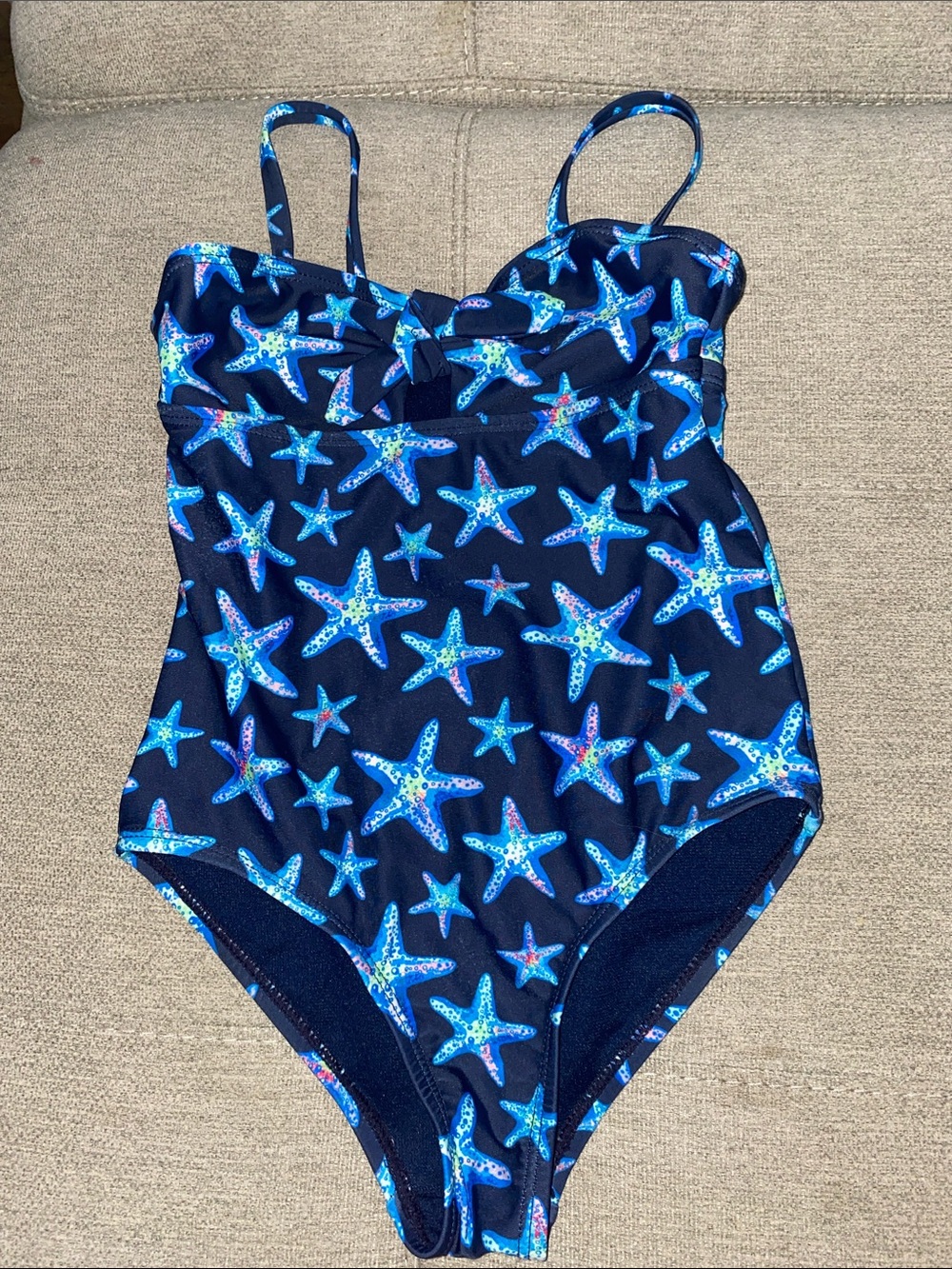 Lands' End Navy One-Piece Swimsuit with Blue Starfish Print